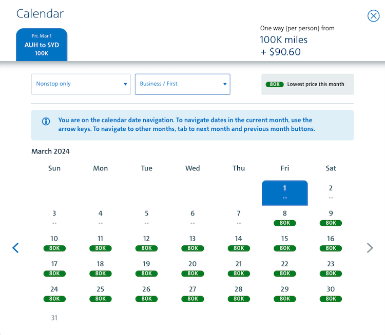 AA award calendar to Sydney, Australia from Abu Dhabi when flying on Etihad nonstop flights