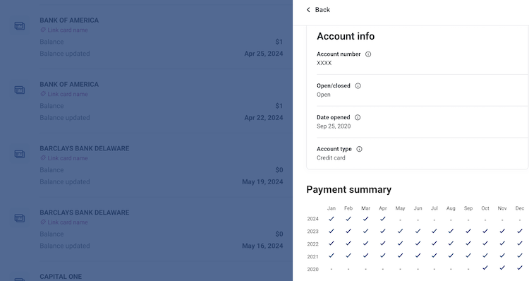 Experian card history detail from Bank of America