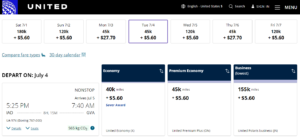 United Airlines new award pricing after award chart changes show prices on nonstop flights from Washington DC to Geneva