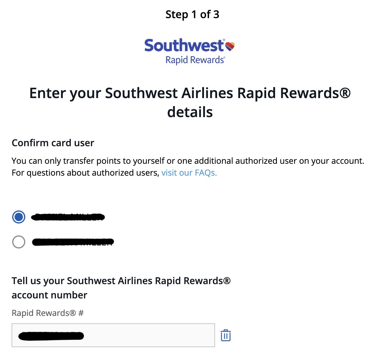 screenshot of transfer page to send Chase Ultimate Rewards points to Southwest Rapid Rewards