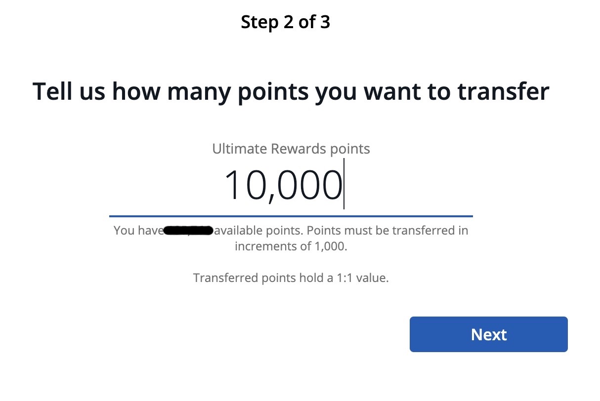 screenshot of choosing to transfer 10,000 Chase points to Southwest