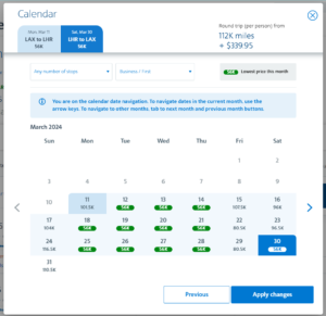 screenshot of award pricing calendar on AA website, indicating prices "each way" for a round-trip booking