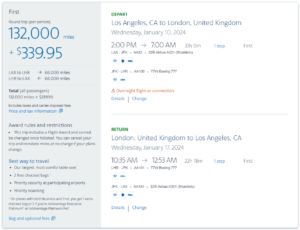 screenshot of pricing for an American Airlines award redemption, showing cost in miles plus taxes and fees