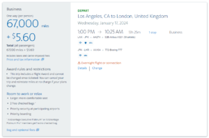 cost of 67,000 miles + taxes and fees for a business-class class flight from Los Angeles to London with American Airlines