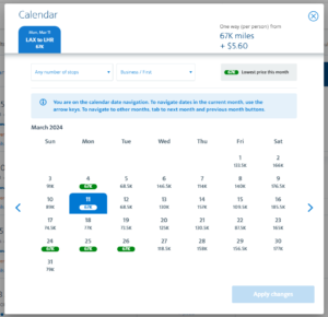 AA award calendar shows pricing from Los Angeles to London in business class for a one-way reservation