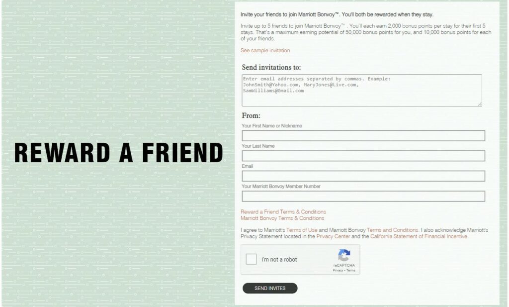 screenshot of referral form to refer a friend to Marriott Bonvoy and get rewarded if they sign up