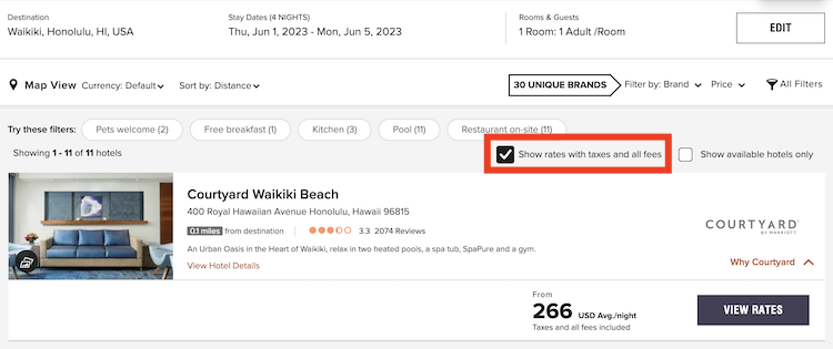Marriott website search results with indication to see all-in pricing