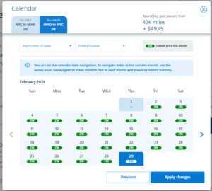 AA award calendar showing good availability for economy class between NYC and MAD