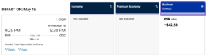 screenshot of previous United award pricing EWR-CDG in business class