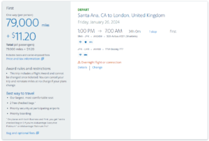 AA award example showing first class award availability between SNA and LHR via JFK flying on both the Airbus A321T and Boeing 777-300ER
