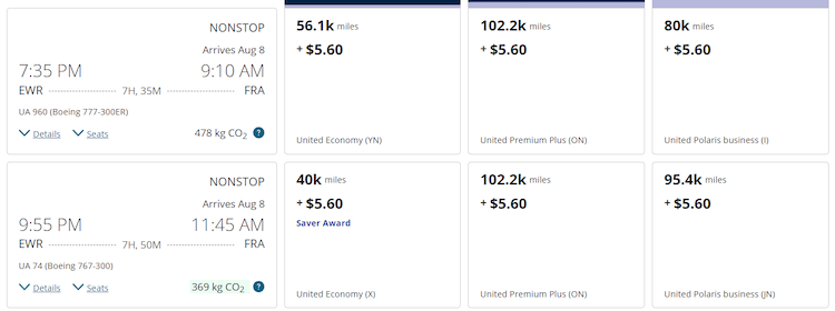 United Airlines new award pricing after award chart changes show better prices on non-stop flights from Newark to Frankfurt