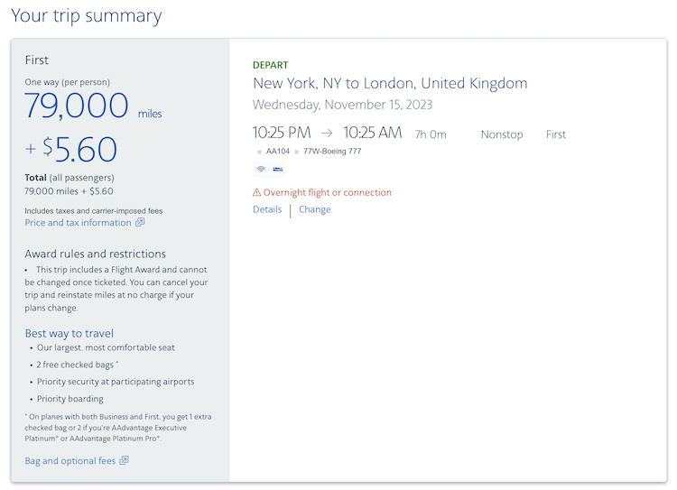 pricing and mileage requirements for one-way Flagship First flight between JFK and LHR for 79,000 miles