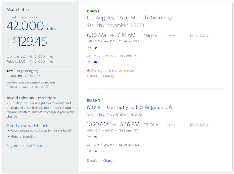 details of ticket pricing for round-trip economy ticket between LAX and MUC