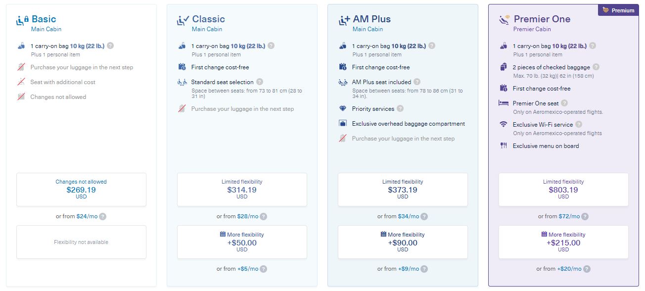 screenshot of different fare types and benefits for Aeromexico flights JFK-MEX