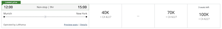 Aeroplan award pricing for MUC-JFK showing Lufthansa first class for 100,000 Aeroplan points