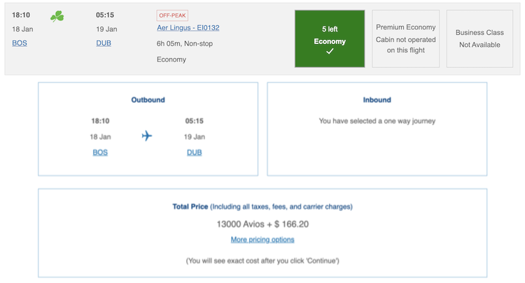 screenshot of award pricing using Avios to fly with Aer Lingus from Los Boston to Dublin, Ireland