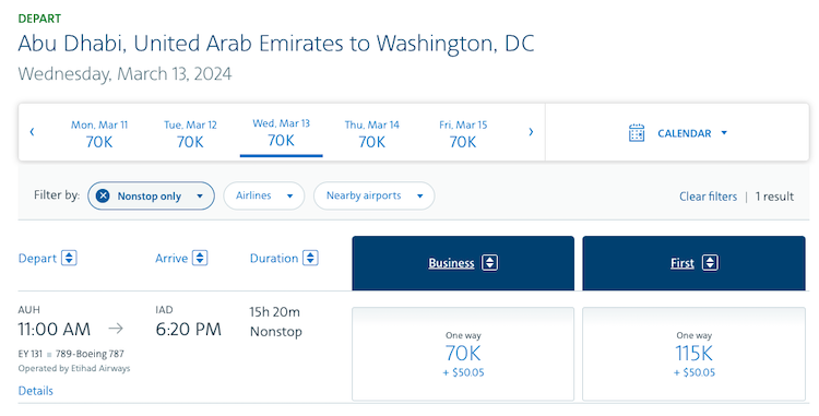 AA award pricing from Abu Dhabi to Washington, D.C. when flying on Etihad in business class or first class