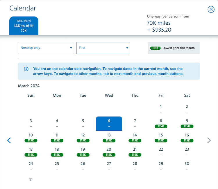 AA award calendar from Washington, D.C. to Abu Dhabi when flying on Etihad