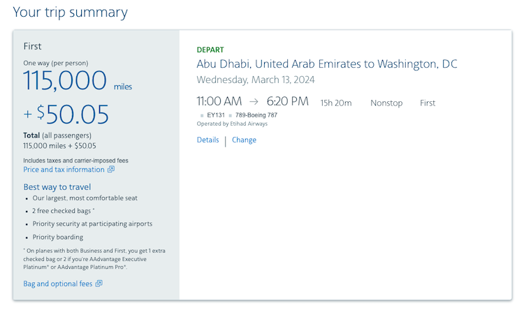 AA award pricing to Washington, D.C. from Abu Dhabi when flying in Etihad first class
