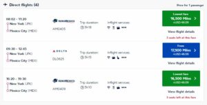 screenshot of Flying Blue award pricing from New York City to Mexico City