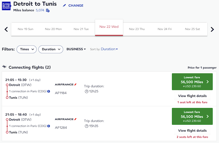 Flying Blue award pricing for business class between Detroit and Tunis at 56,500 miles