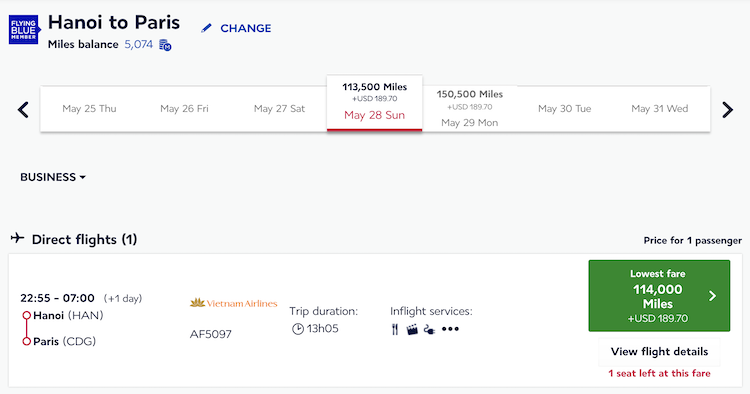 Flying Blue award pricing for business class between Hanoi and Paris with Vietnam Airlines