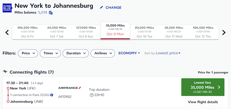 Flying Blue award pricing for economy class between JFK and Johannesburg