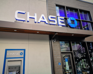 the Chase logo is visible above an ATM and a bank entrance