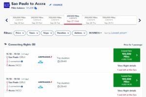 Screenshot of award pricing departing from São Paulo to Accra
