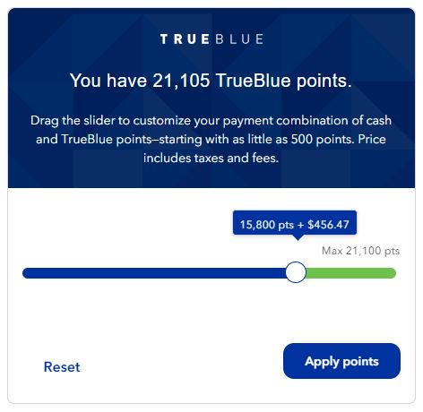 JetBlue Cash + Points Booking screenshot