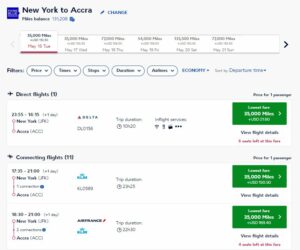 screenshot of Flying Blue award pricing from JFK to Accra, Ghana