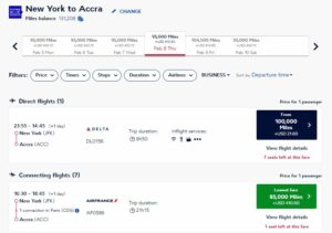 screenshot of business class Flying Blue pricing JFK to Accra, one of the program's sweet spots