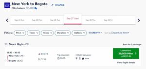 screenshot of Flying Blue award pricing from JFK to Bogota; this is one of our favorite sweet spots in this program