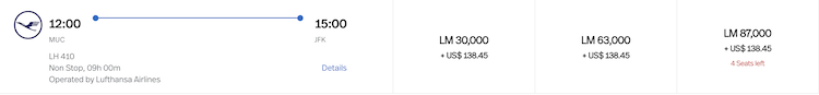 LifeMiles pricing for Lufthansa MUC-JFK flight