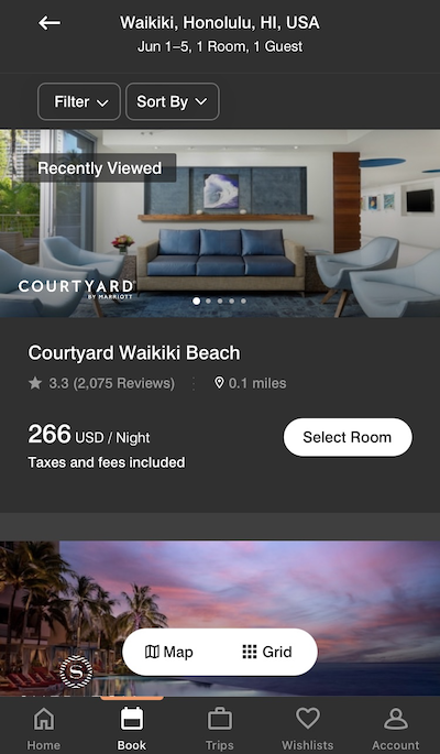 Marriott app showing hotel pricing without options to see all-in vs resort fees separately