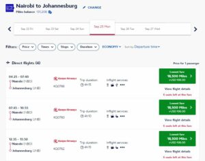 screenshot of Flying Blue award pricing between Nairobi and Johannesburg