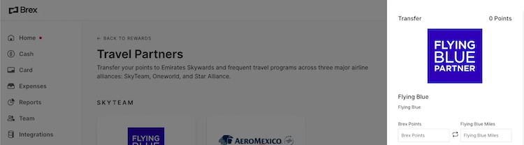 screenshot of points transfer area in the Brex Rewards marketplace