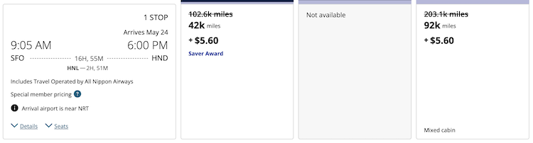 United Airlines new award pricing after devaluation showing higher prices San Francisco to Tokyo