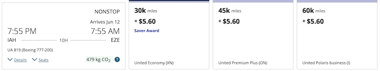 United Airlines new award pricing after award chart changes show better prices on non-stop flights from Houston to Buenos Aires
