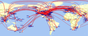 Screenshot of flight map showing 629 flights crossing much of the world with the United States unintelligible due to the number of flights.