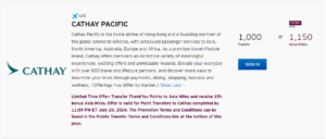 Screenshot showing Citi ThankYou Points transfer partner page with Cathay Pacific Asia Miles transfer bonus