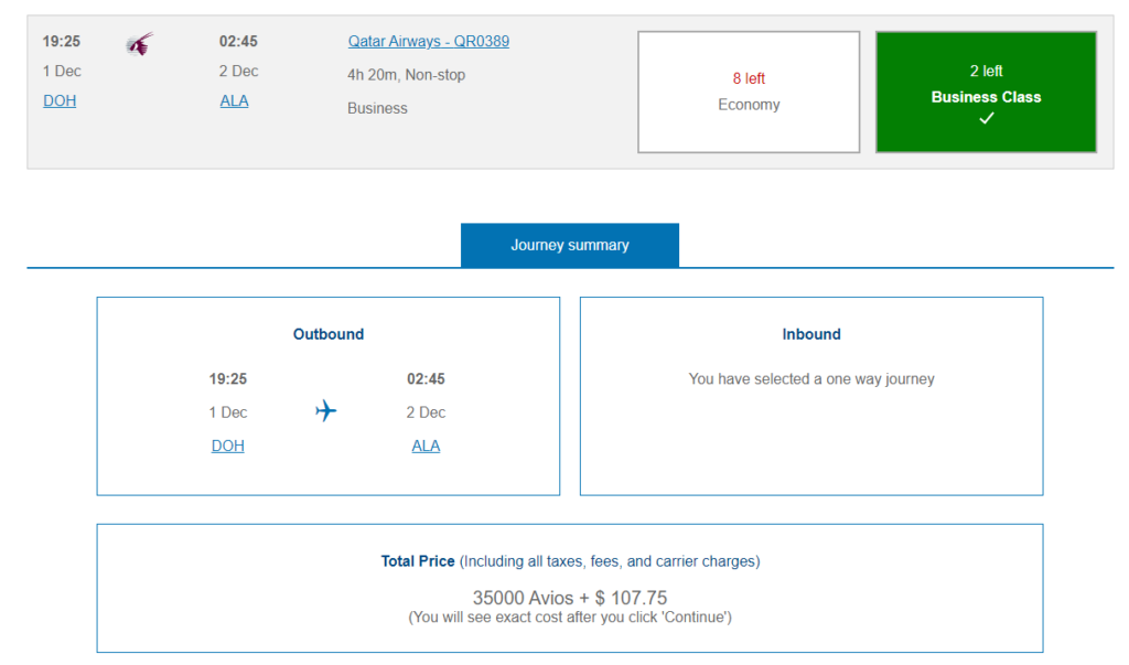 Definitive British Airways Award Chart for Qatar Awards