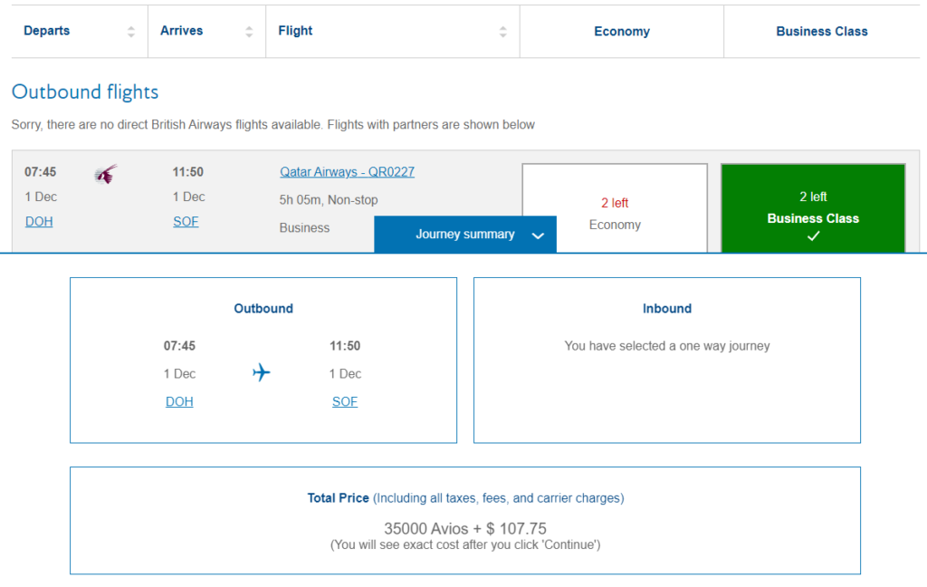 Definitive British Airways Award Chart for Qatar Awards