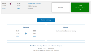 British Airways award example in Qatar business class from Doha to Windhoek, Namibia