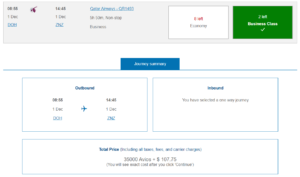 British Airways award example in Qatar economy class from Doha to Zanzibar