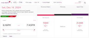 Screenshot showing Virgin Flying Club award pricing from Atlanta to Tampa