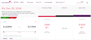 Screenshot showing Virgin Flying Club award pricing from Detroit to New York City