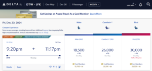 Screenshot showing Delta SkyMiles award pricing from Detroit to New York City