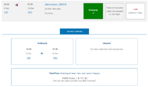 British Airways award example in Qatar economy class from Buenos Aires to Sao Paulo Brazil