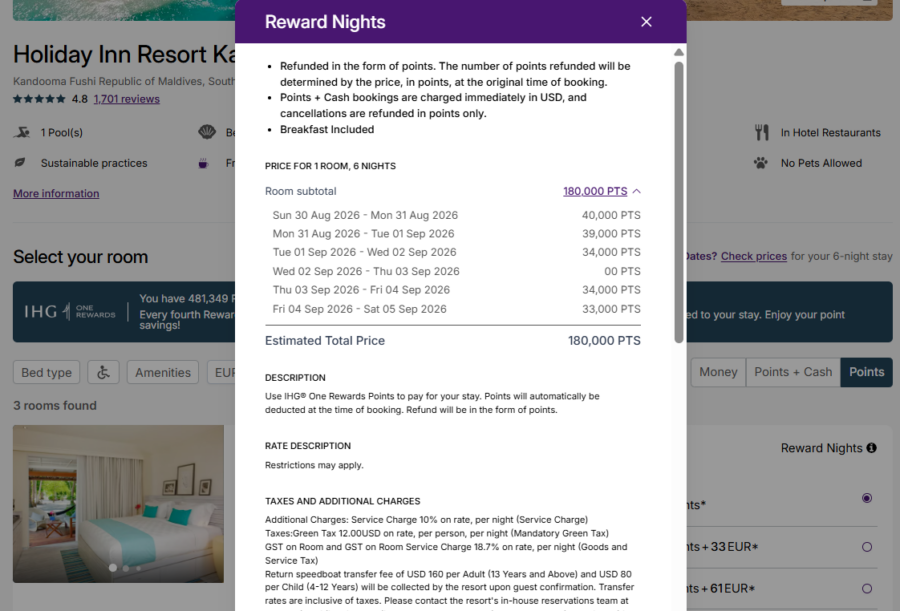 Screenshot showing booking award stay at Holiday Inn Resort Kandooma Maldives for 6 nights for 180,000 IHG One Rewards points total.